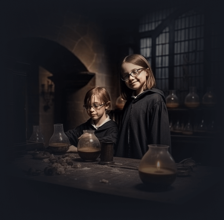 deux jeunes magiciennes qui essayent de faire une potion dans un escape game
