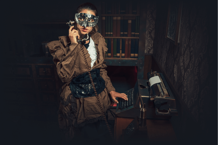 une femme habille en steampunk parle au telephone