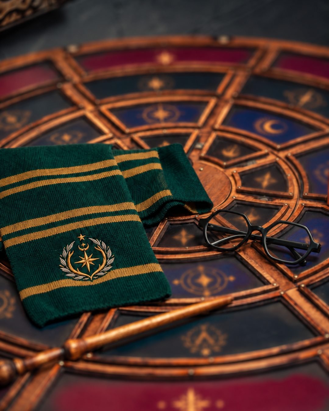 Une écharpe de sorcier, des lunettes et une baguette magique posées sur une table d'énigmes dans l'escape game sur le thème de la magie et de la sorcellerie à Lyon
