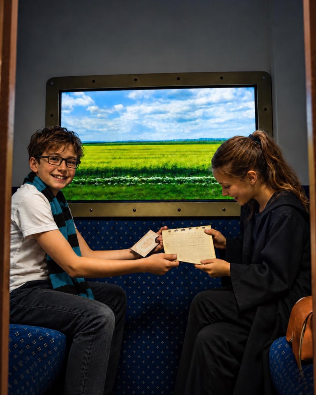Deux jeunes sorciers échangent un billet dans le train de l'escape game L'Héritage du Sorcier à Lyon